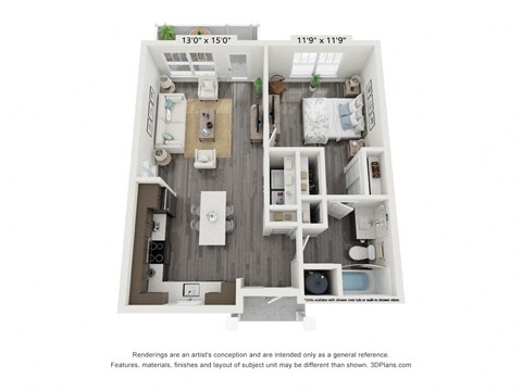Floor plan for 1 bed, 1 bath, 711 sqft